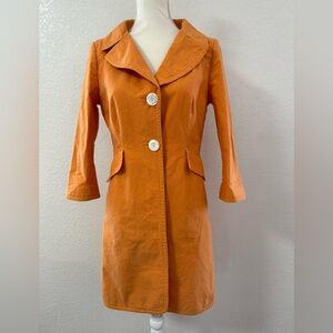 CHARLES NOLAN Orange collared Button Long Jacket Women’s size 8 pockets.
